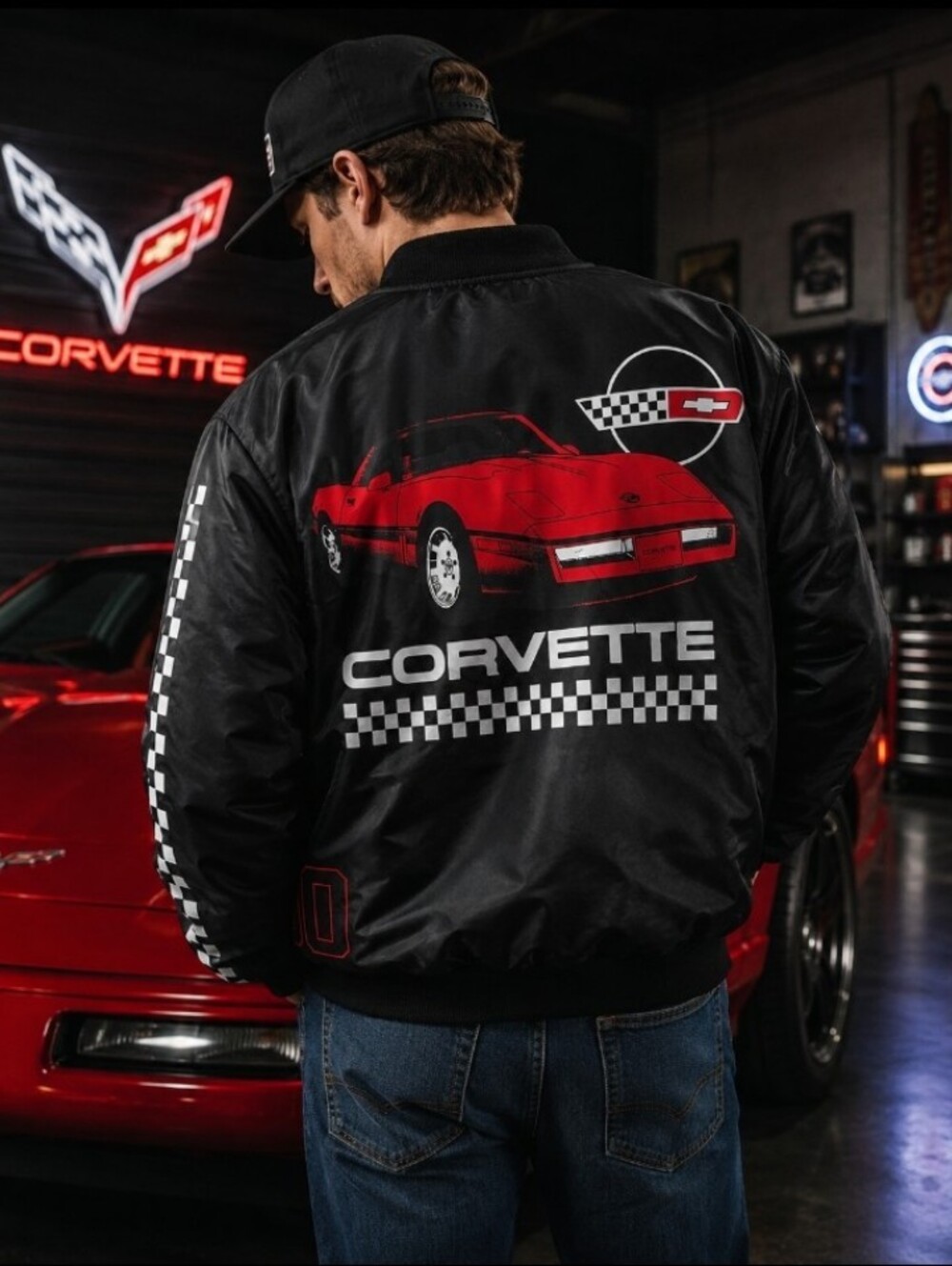 GM Corvette C4 Bomber Jacket Checkered Sleeve Logo Graphic Jacket XL